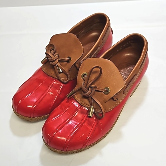 Tory burch red tan patent leather rain snow ankle boots women's 6.5 - Picture 10 of 10